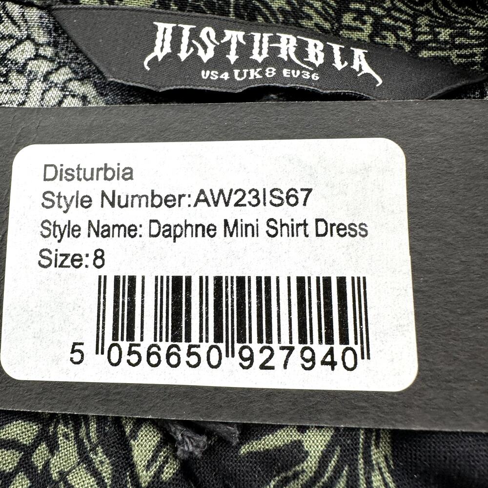 Disturbia Daphne Shirt Dress Leaf Print Button Tie Waist Green Black 4 NWT - Picture 3 of 5